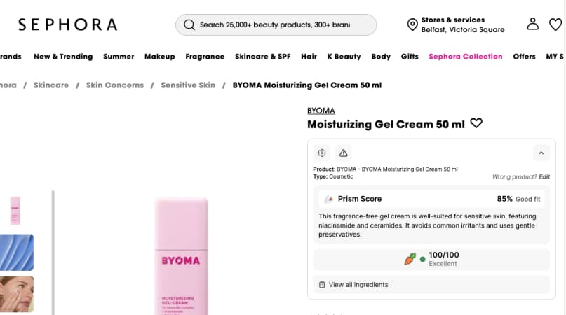 Cosmetic product card with parabens and synthetic fragrance flagged