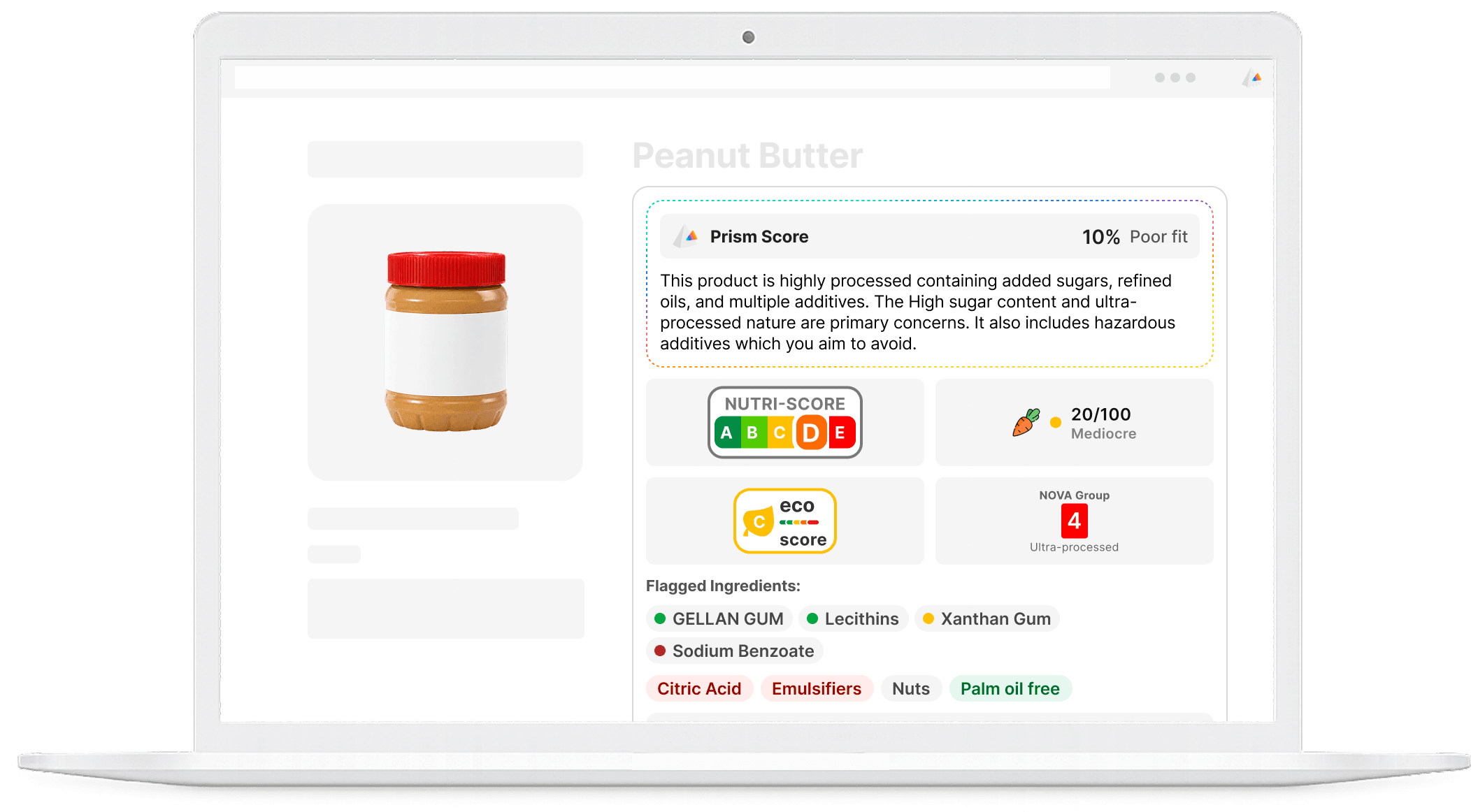 Prism extension overlay on a product page showing ingredient breakdown and risk badges
