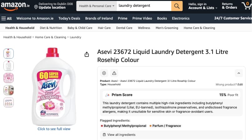 Cosmetic product card with parabens and synthetic fragrance flagged