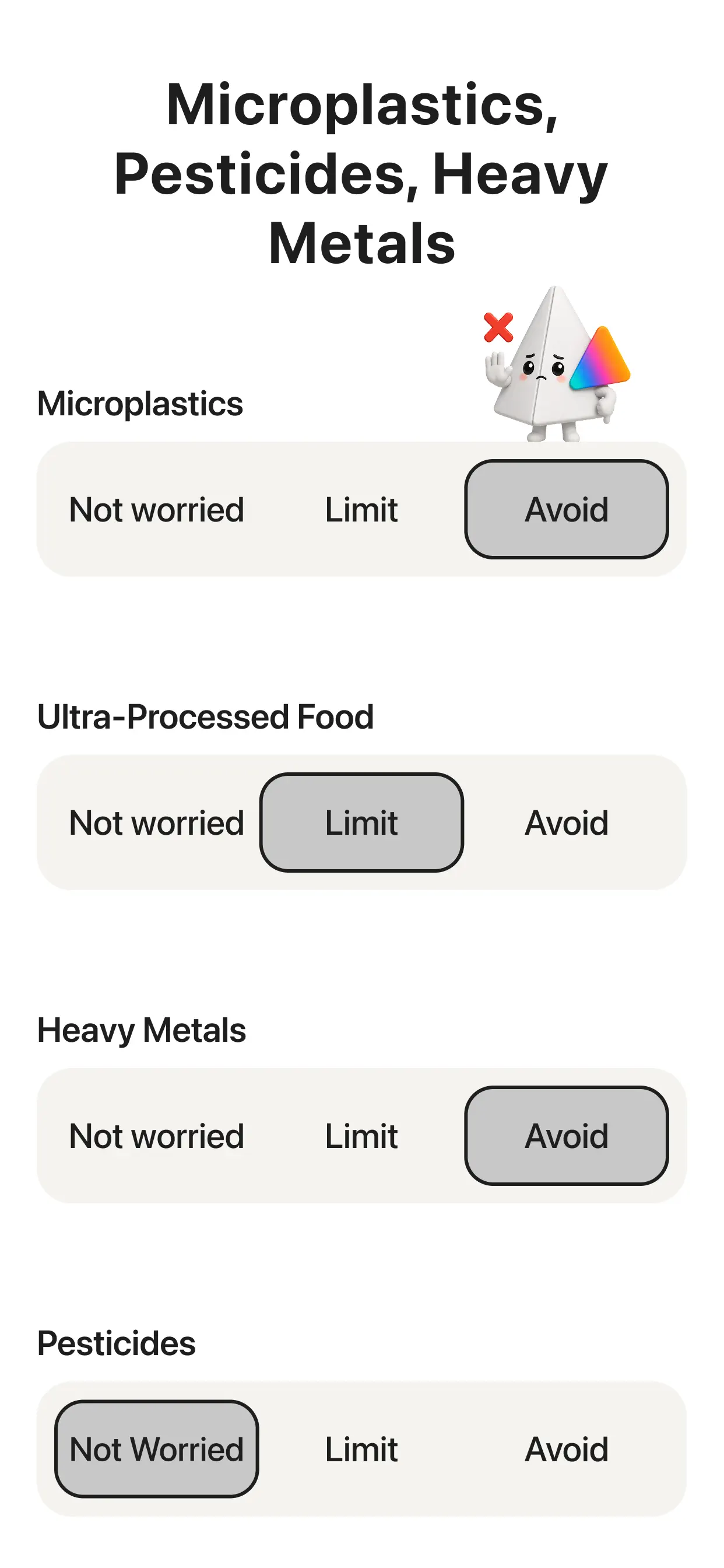 Prism controls for microplastics, ultra-processed food, pesticides, and heavy metals